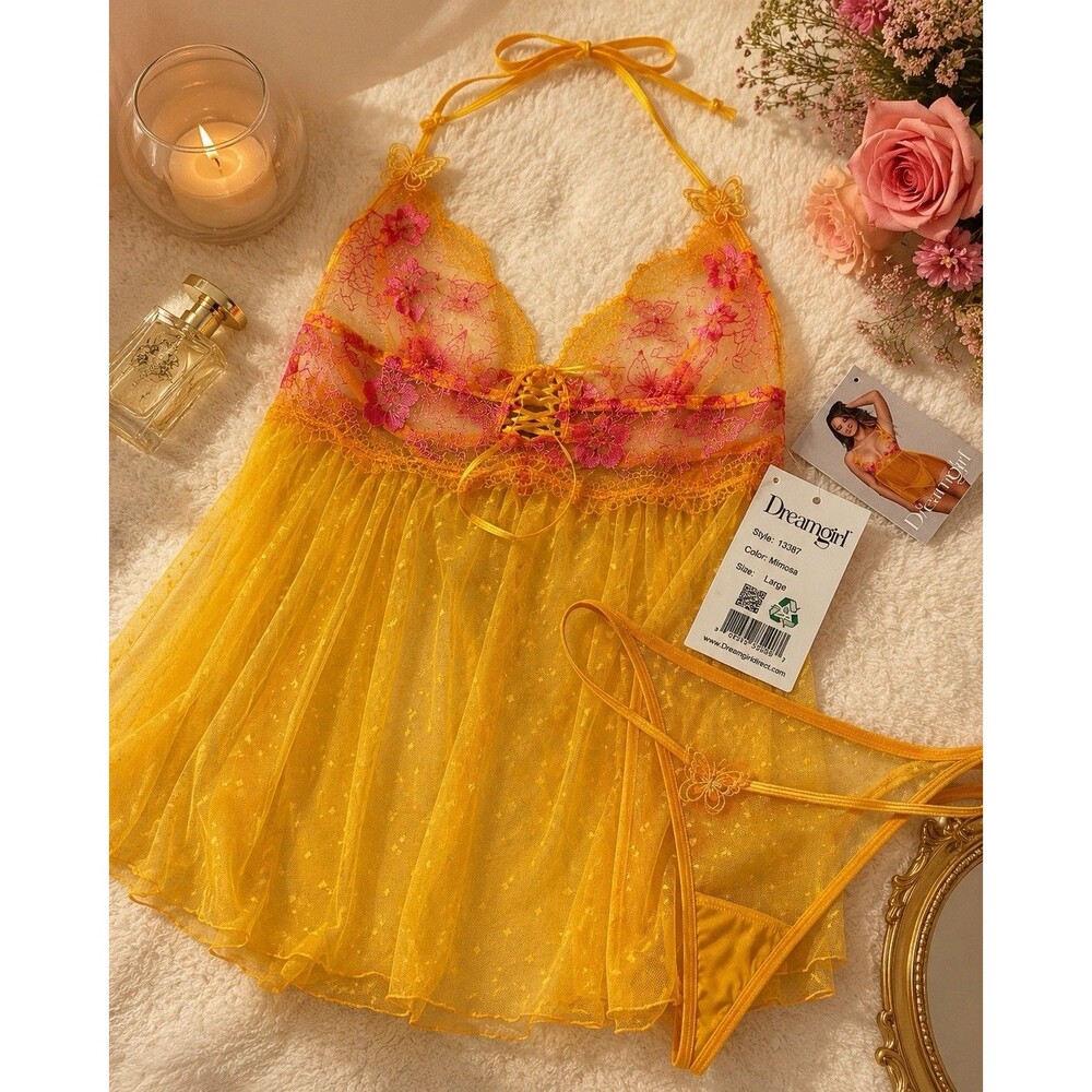 Dream Girl Butterfly Lingerie Halter Top Mimosa Size L  Coquette Romantic Pretty